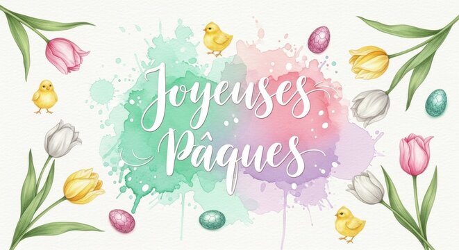 Joyeuses P&acirc;ques Elegant French Easter Poster with Watercolor Lettering, Spring Flowers and Chocolate Eggs