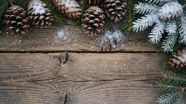Rustic christmas arrangement pine cones and fir branches on wooden surface