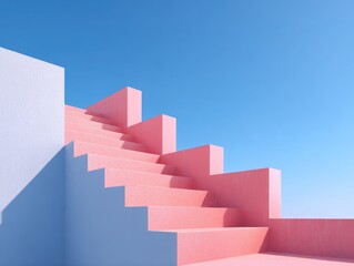 Fototapeta premium An abstract architectural rendering showcases a pink staircase ascending against a stark white wall under a vibrant, cloudless blue sky