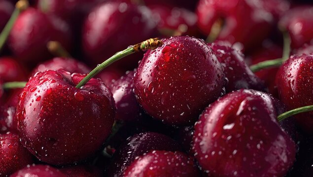 Close-up of ripe, glistening red fruits, showcasing water droplets on their smooth surfaces and green stems in a macro photography style