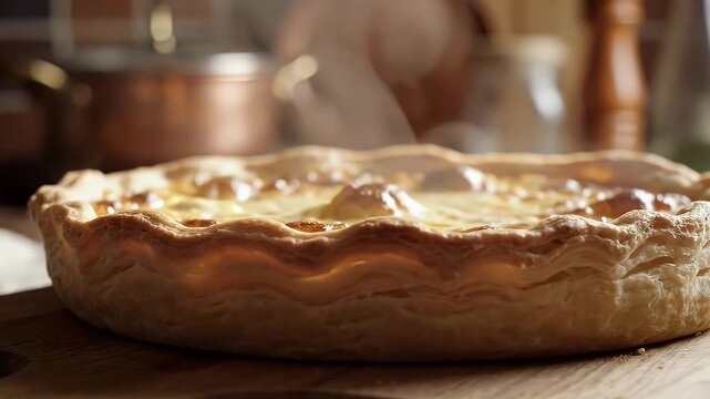 Close-up of a golden-crusted savory pie on a wooden board with blurred kitchen details