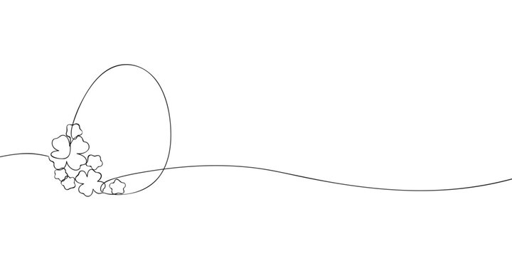 A simple continuous one-line drawing of an Easter egg adorned with flowers, representing spring, renewal, and holiday celebration in minimalist style.