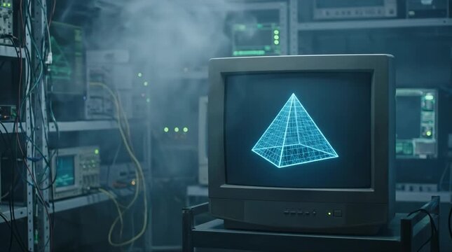Retro computer monitor displaying rotating wireframe pyramid in smoky vintage server room data center