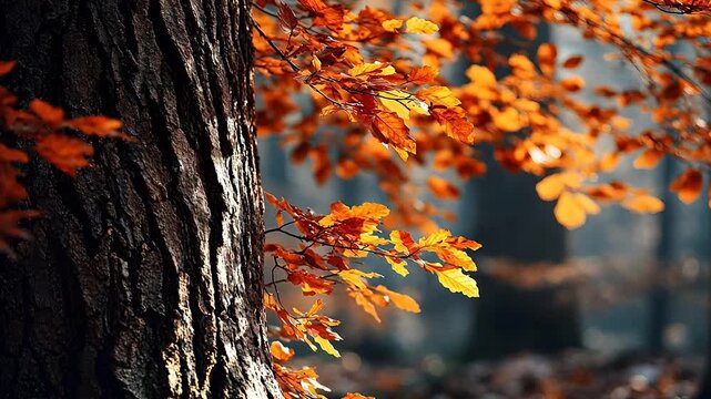 Thick tree trunk with textured bark is framed by glowing orange autumn leaves in the background under warm sunlight filtering through trees.