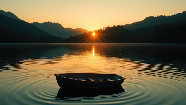 Small rowboat on tranquil lake shore at sunrise, escape, rural, shore