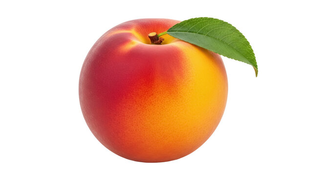 Ripe peach fruit PNG isolated on transparent background, fresh nectarine with green leaf for healthy eating and summer fruit concepts