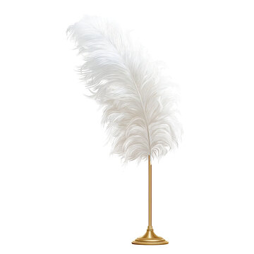 Elegant white ostrich feather displayed on a golden stand isolated on a transparent background white feather