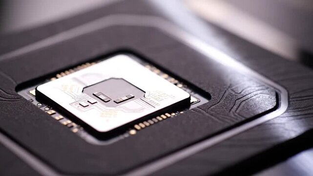 Microprocessor chip on motherboard with blurred background, technology concept