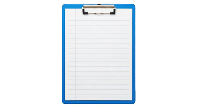 Blue clipboard with lined paper isolated PNG, office supply for writing notes and organizing documents on transparent background