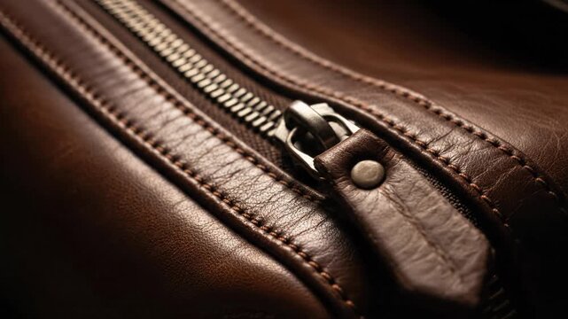 Close-up Macro Shot of a Brown Leather Bag Zipper Pull and Teeth