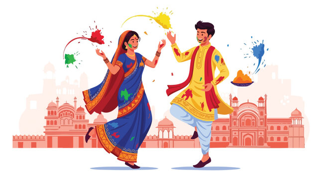 Happy Holi vector illustration of a joyful couple celebrating the Holi festival with colorful powder against traditional Indian architecture.