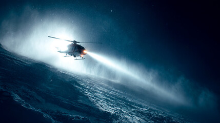 Fototapeta premium Helicopter flying over snowy mountain slope during rescue operations. Cinematic winter night landscape with harsh arctic cold environment, exploration mood, and drone style visual for emergency