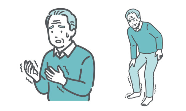 手足の痺れ・震えに悩む高齢男性のイラストセット（脳梗塞・パーキンソン病・脊柱管狭窄症）