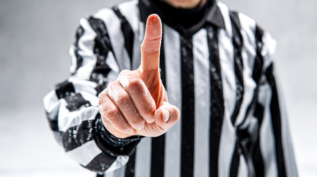 Hockey referee in sports uniform showing finger gesture. Clear communication concept representing rules, decision, authority, referee control, stop or attention signal for sports media and education.