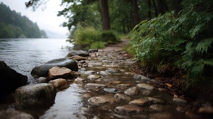A wet stone path winds alongside a tranquil riverbank bordered by lush forest vegetation under an overcast sky