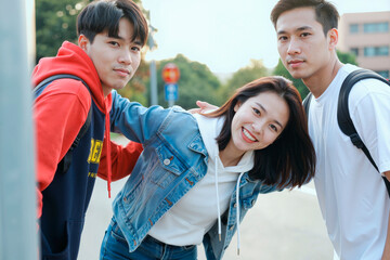 Portrait of three Asian young people posing outdoors, two men standing on either side of smiling woman leaning forward, all looking at camera with backpacks