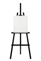 Black easel with blank white canvas isolated. Art painting mockup.