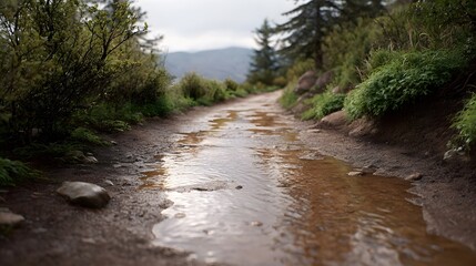 A wet dirt trail with puddles of water reflecting the overcast sky in a serene mountain landscape