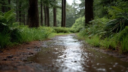 Wet forest path after rain shimmering with reflections of trees and sky surrounded by lush green ferns