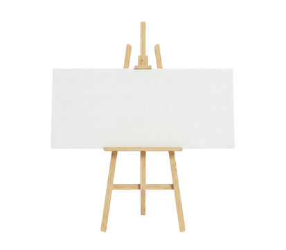 Wide blank white canvas on wooden easel isolated. Art painting mockup.
