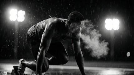 Focused athletic man on a track in starting blocks, breathing steam into the cold night air and getting ready to begin a challenging race in the rain under stadium lights