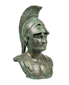 Oxidized bronze roman soldier bust isolated. Ancient statue sculpture.