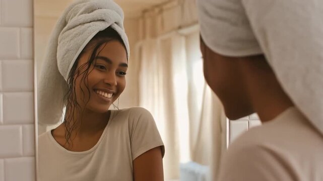 Woman smiling at her reflection in a bathroom mirror after a shower