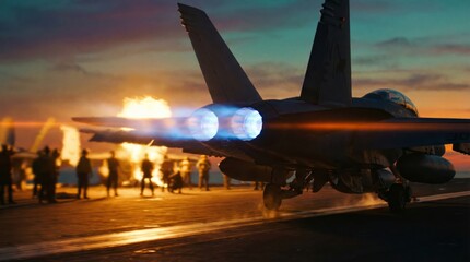Naklejka premium Fighter jet launching from aircraft carrier deck at sunset, afterburners blazing bright blue orange flames into a dramatic evening sky, showcasing power and speed