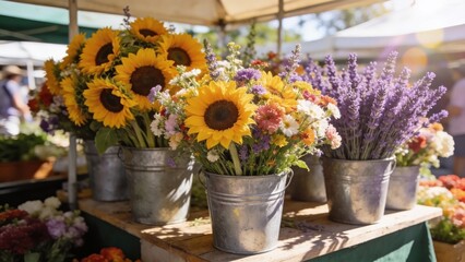 Rustic market stall with metal buckets of sunflowers and mixed wildflowers, warm morning light and cheerful mood, seasonal autumn harvest and local shopping