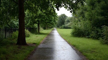 Obraz premium A wet glistening pathway winds through a park under a canopy of lush green trees suggesting a peaceful solitary journey
