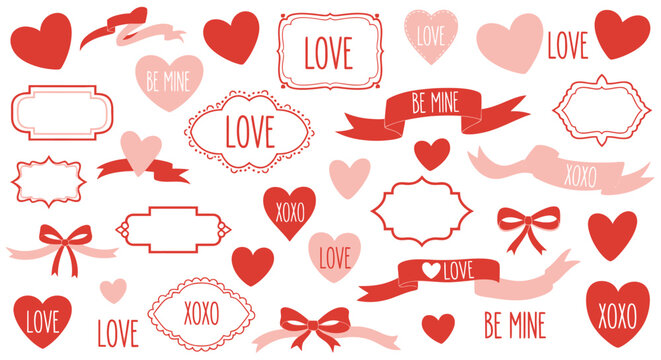 A collection of cute red and pink Valentine's Day themed graphic elements including hearts, ribbons, bows, and decorative frames with romantic text.