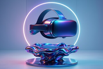 Fototapeta premium Innovative Virtual Reality Headset Displayed on a Fluid Form Base with Luminous Neon Circular Lighting, Capturing Imagination and Technological Advancement