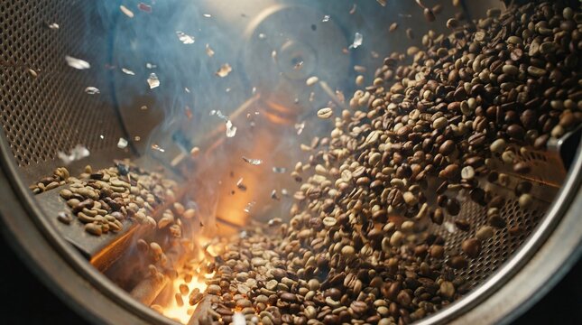 Coffee beans undergoing the roasting process inside a commercial drum roaster, with visible heat, smoke, and flying chaff creating a dynamic and aromatic scene for fresh coffee production