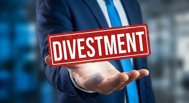 Businessman holding a red sign with the word divestment in white capital letters, concept of business strategy, sale, or asset disposal