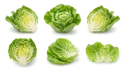 Fototapeta premium Fresh green lettuce heads and leaves on white background healthy food vegetable salad ingredient nutrition green produce