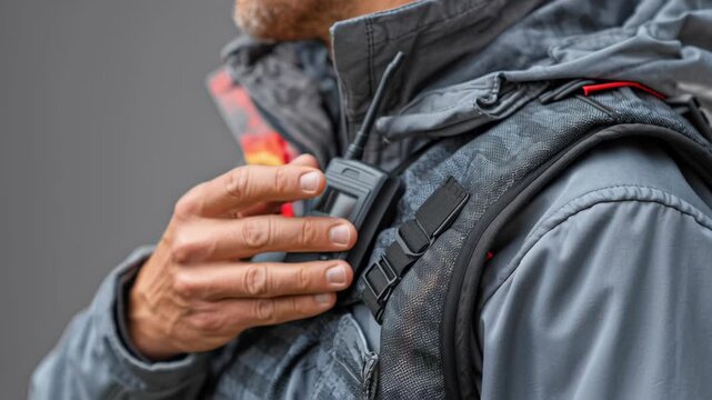 Disaster Tech and tecnology concepts ,Man holding walkie talkie close up wearing tactical vest gray jacket outdoor security