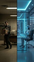 Man carrying his belongings out of an old office, symbolizing job loss, stands in stark contrast to a robot efficiently working on a futuristic computer in a modern, glowing workspace