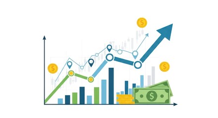 Obraz premium Dynamic Financial Growth Chart With Upward Arrow, Cash, Bars, And Market Icons For Investment Analytics