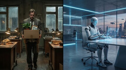 Man leaving old office with belongings while a robot works efficiently in a sleek, futuristic environment, illustrating job displacement and the evolution of the workplace