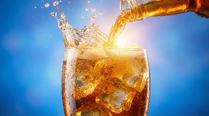 Pouring refreshing brown cola from a bottle into an ice filled glass, creating energetic splash, bubbles and droplets against a vibrant blue background conveying cool thirst relief