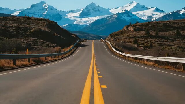 Scenic mountain road with snowcapped peaks, perfect for travel, adventure, and nature enthusiasts seeking stunning landscapes.