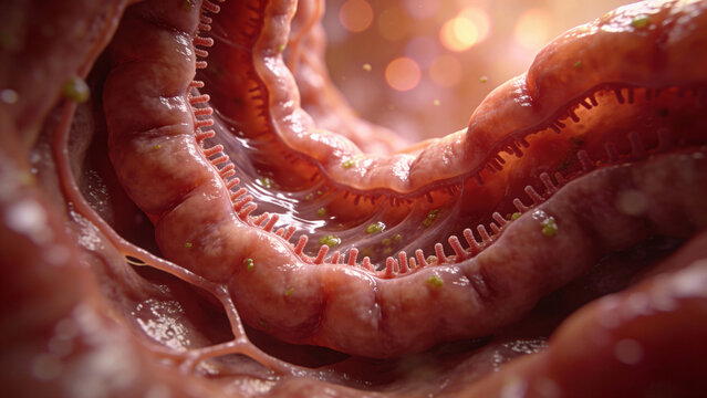 Ultra-realistic macro medical photo of the human intestine interior, detailed intestinal walls and villi, smooth nutrient flow, soft glowing bokeh background, shallow depth of field.
