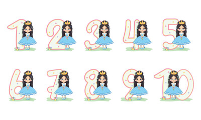 Fototapeta premium Set of sweet and modest princess with flowers and number from 1 to 10 on white background. Happy Birthday party concept. For Greeting Card or Invitation. Vector illustration in flat cartoon style