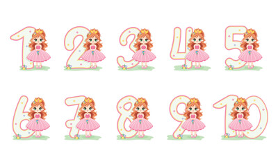 Fototapeta premium Set of sweet and modest princess with flowers and number from 1 to 10 on white background. Happy Birthday party concept. For Greeting Card or Invitation. Vector illustration in flat cartoon style