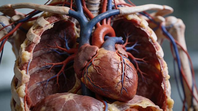 Ultra-realistic macro medical photo of a beating human heart, detailed anatomical structure visible, smooth blood flow through arteries and veins, soft glowing bokeh background.