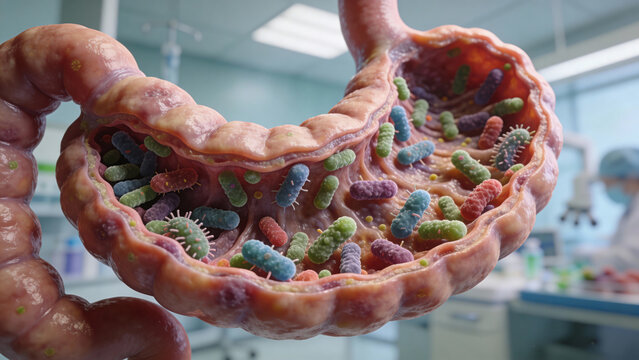 Highly realistic medical visualization of the human gut microbiome inside the digestive system, beneficial bacteria in natural colors, soft clinical lighting, clean hospital aesthetic.