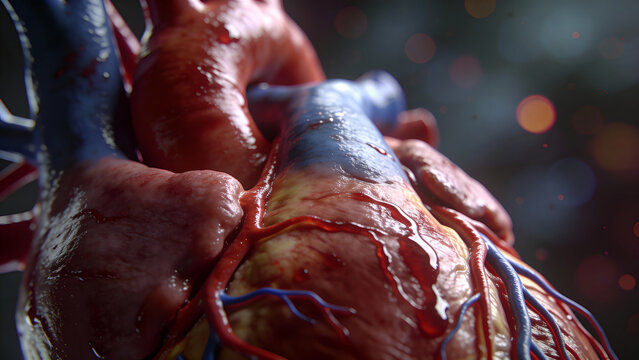 Ultra-realistic macro medical photo of a beating human heart, detailed anatomical structure visible, smooth blood flow through arteries and veins, soft glowing bokeh background.