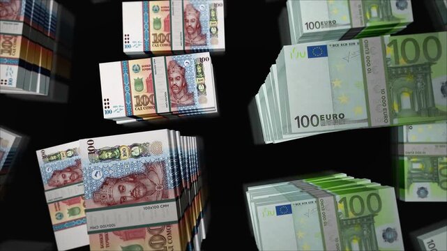 Euro and Tajikistan somoni Tajikistani money money exchange. Paper banknotes pack bundle. Concept of trade, economy, competition, crisis, banking and finance. Notes loopable seamless 3d animation.