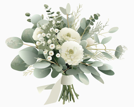 Elegant wedding bouquet featuring white ranunculus and lush green eucalyptus foliage