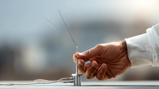 Disaster Tech and tecnology concepts ,Hand holding small antenna device with wires closeup technology electronics sensor probe